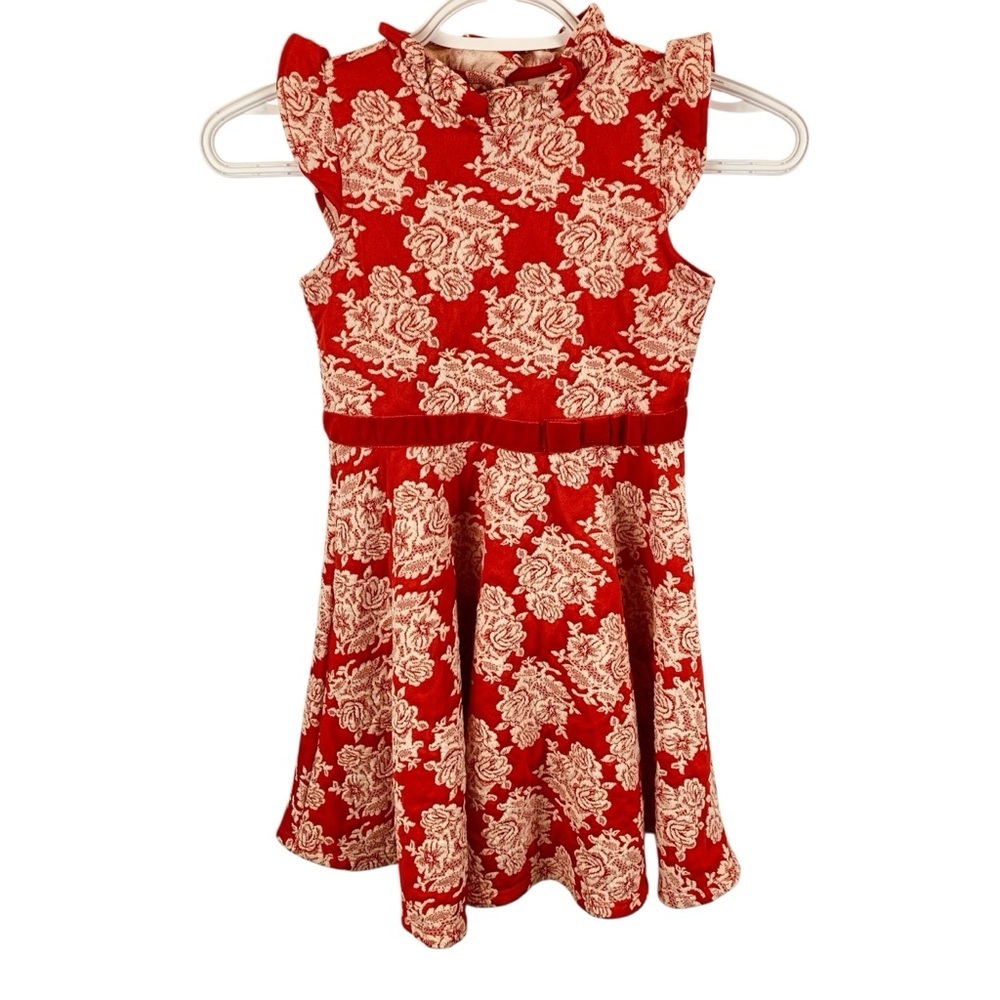 Janie and Jack Girl's 7 Red White Floral Jacquard Dress Ruffle Fit Flare Velvet